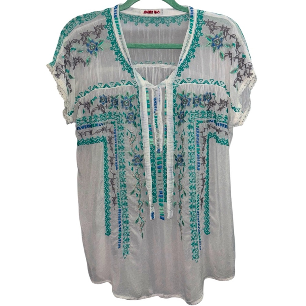Johnny Was White and Blue Embroidered Women's Blouse